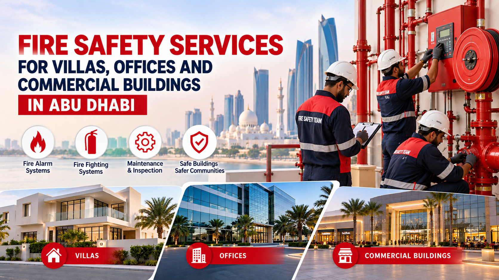 a team of fire fighting services company on the worksite that provides fire fighting services in al ain for villas, commercial and residential buildings